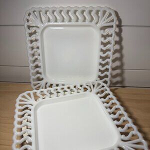 Early EAPG Opalescent Edge Milk Glass Lattice Square Plates Set Of 2 VTG Antique